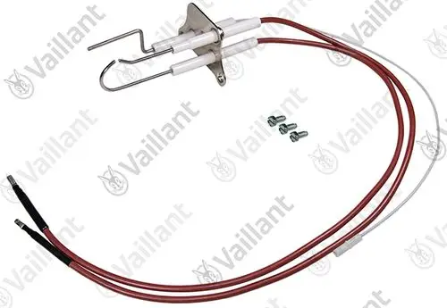 Vaillant Doppelzündelektrode mit zwei Anschlüssen, isolierten Drähten und Montageschrauben. Geeignet für spezifische Heizsysteme.